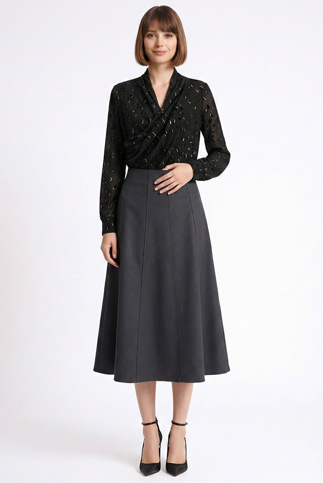 Füme Parçalı Yün Etek