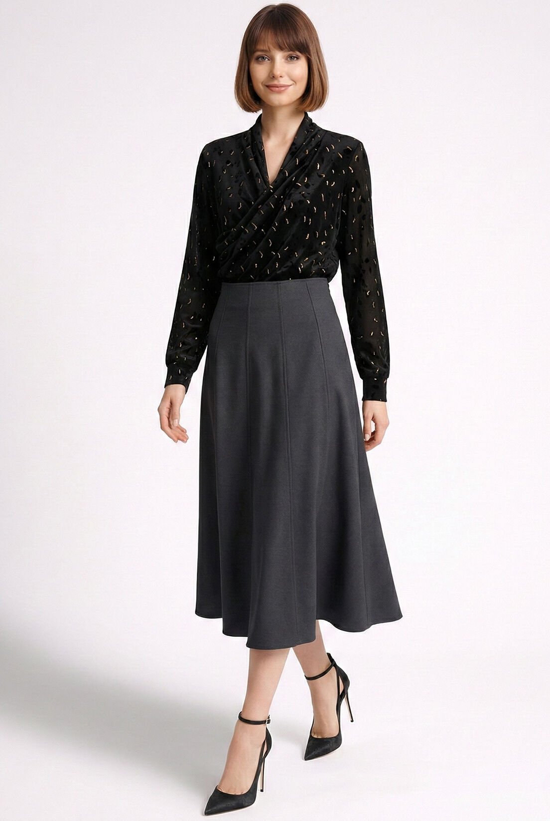 Füme Parçalı Yün Etek