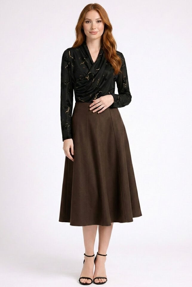 Kahverengi Parçalı Yün Etek