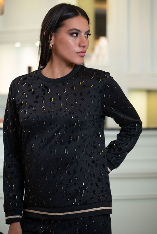 Yakma Kadife Gold Varak Desenli Bluz