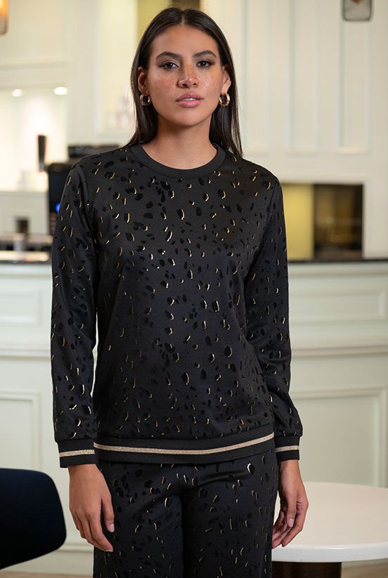 Yakma Kadife Gold Varak Desenli Bluz