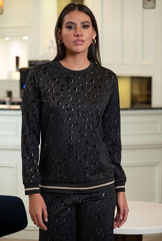 Yakma Kadife Gold Varak Desenli Bluz