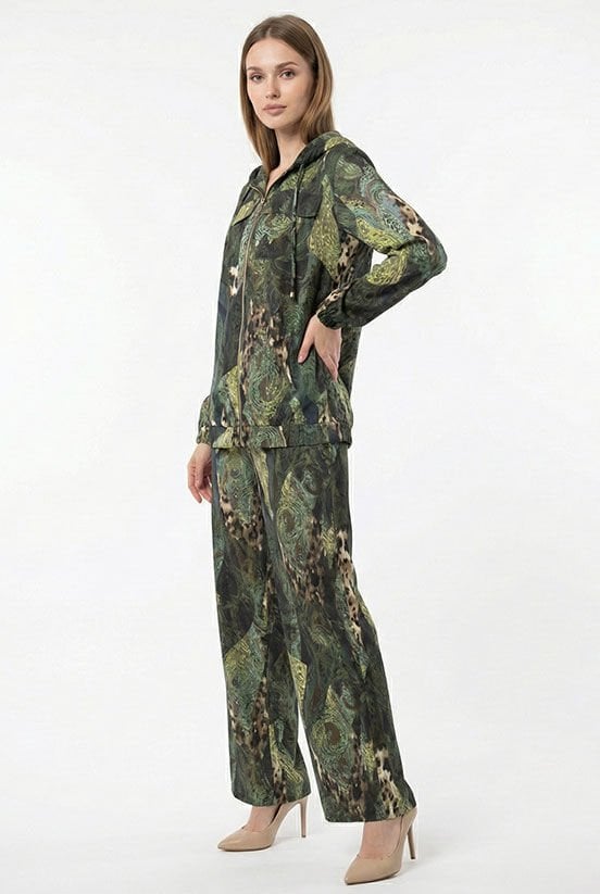 İpek Saten Dijital Baskı Yeşil Eşofman Takım