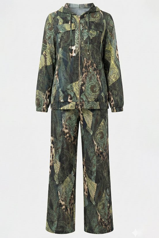 İpek Saten Dijital Baskı Yeşil Eşofman Takım