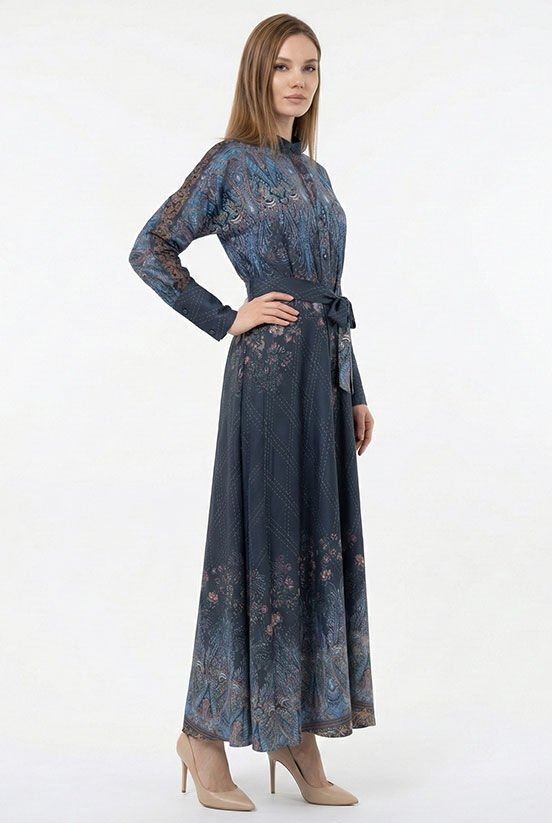 Etnik Desen Lacivert Elbise