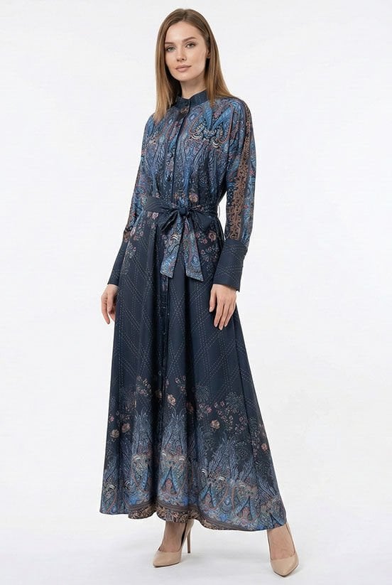 Etnik Desen Lacivert Elbise