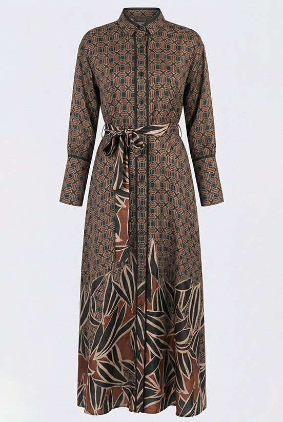 İpek Saten Kahverengi-Lacivert Yaprak Desen Elbise