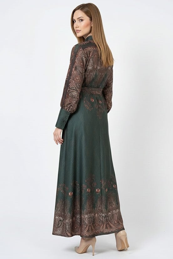 Etnik Desen Yeşil Elbise
