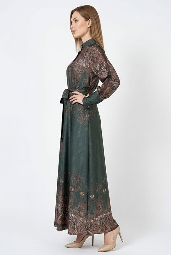 Etnik Desen Yeşil Elbise