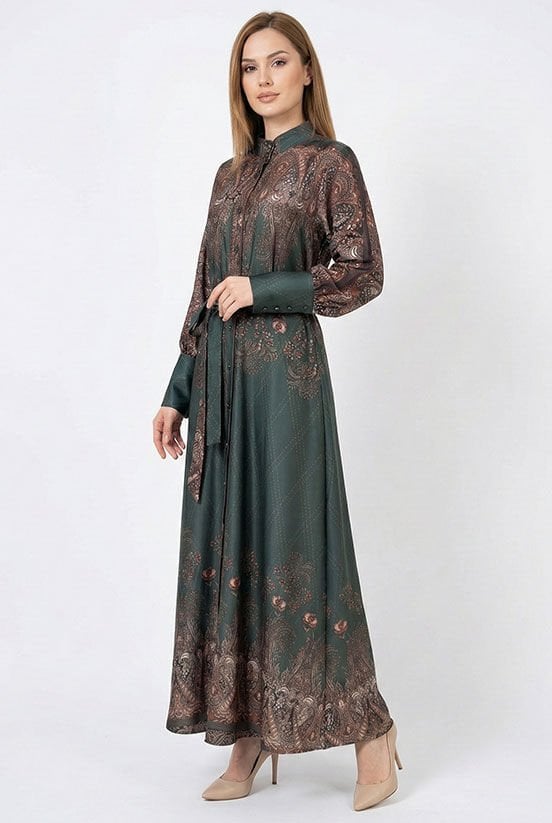 Etnik Desen Yeşil Elbise