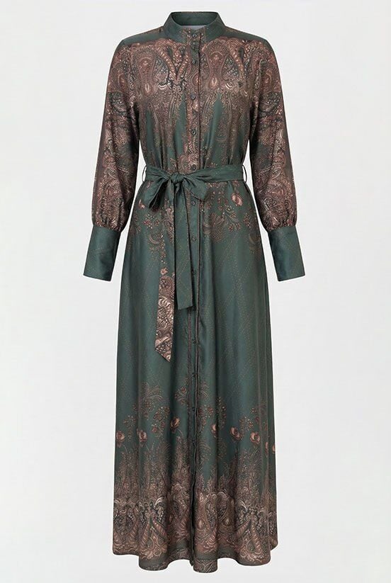 Etnik Desen Yeşil Elbise