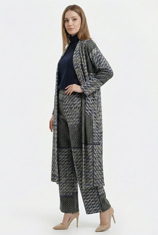 Yeşil Desenli Simli Örme Hırka