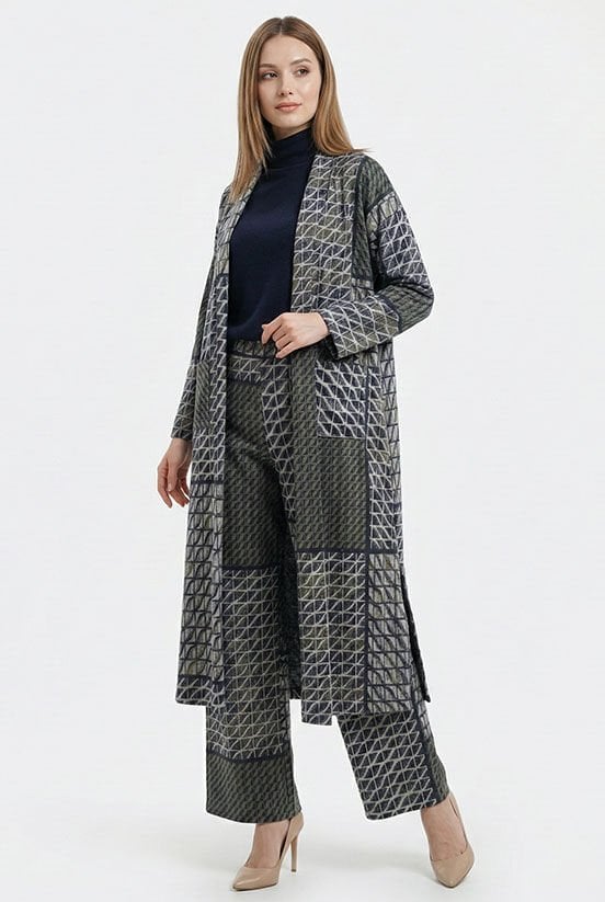 Yeşil Desenli Simli Örme Hırka