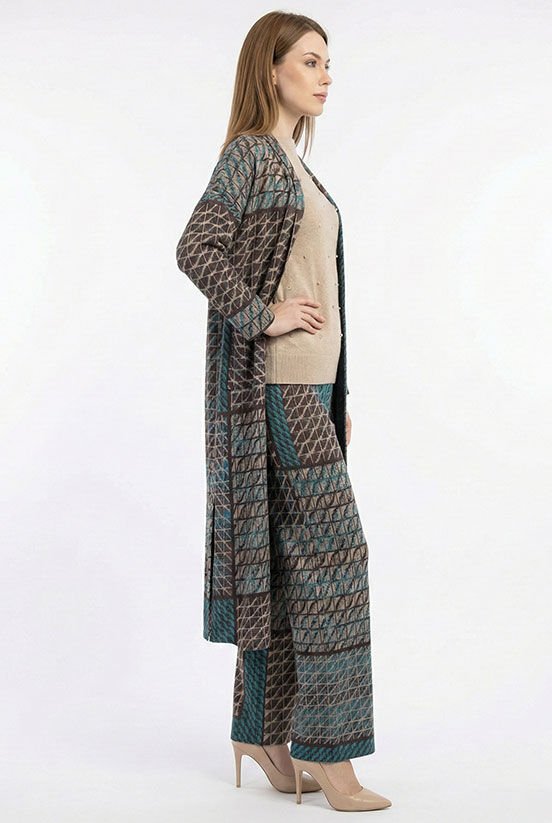 Mavi-Mürdüm Simli Örme Uzun Hırka