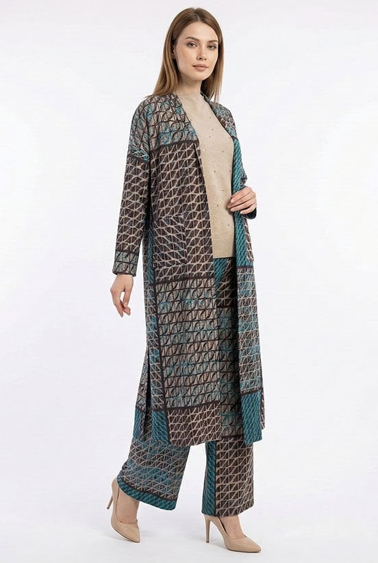 Mavi-Mürdüm Simli Örme Uzun Hırka