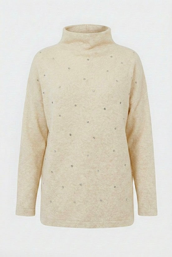 Krem Örme Taşlı Bluz