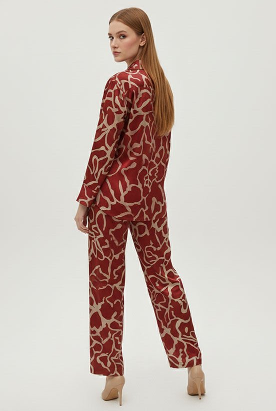 Bordo-Krem Jakarlı Pantolon