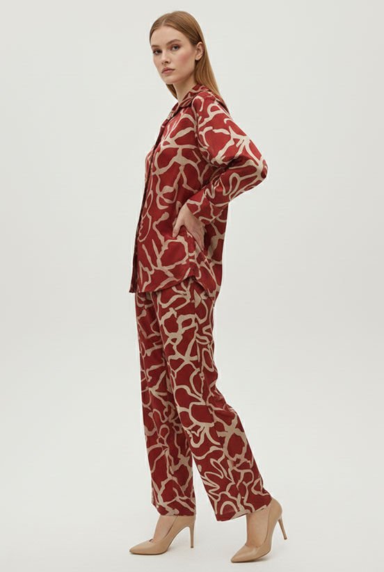 Bordo-Krem Jakarlı Pantolon