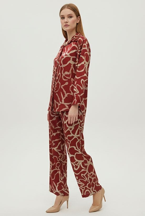 Bordo-Krem Jakarlı Pantolon