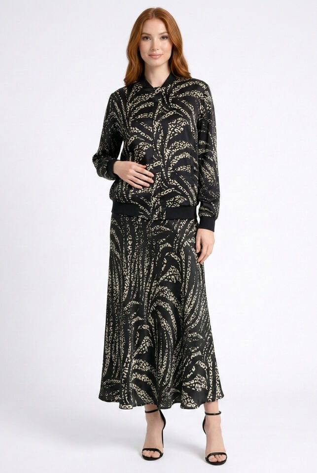 Siyah Saten Desenli Bomber Ceket