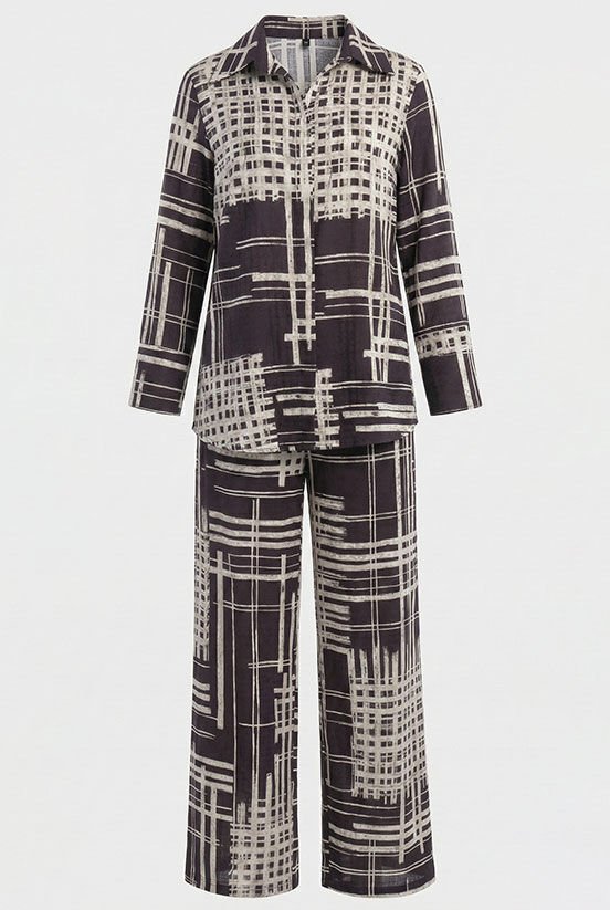 Kahve-Krem Çizgili Jakarlı Pantolon