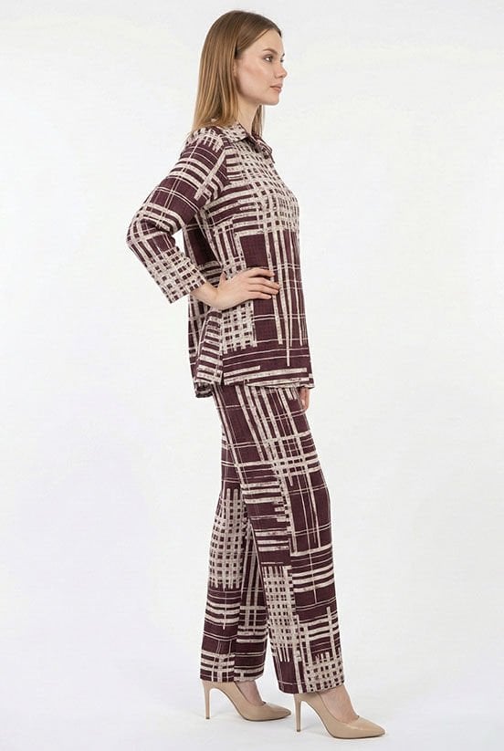 Mürdüm Çizgili Jakarlı Pantolon