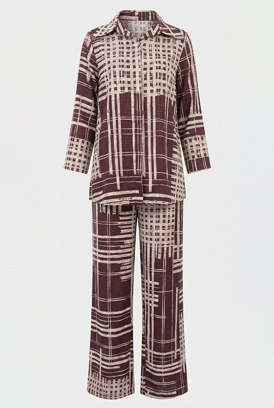 Mürdüm Çizgili Jakarlı Pantolon