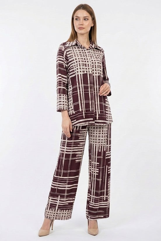 Mürdüm Çizgili Jakarlı Pantolon