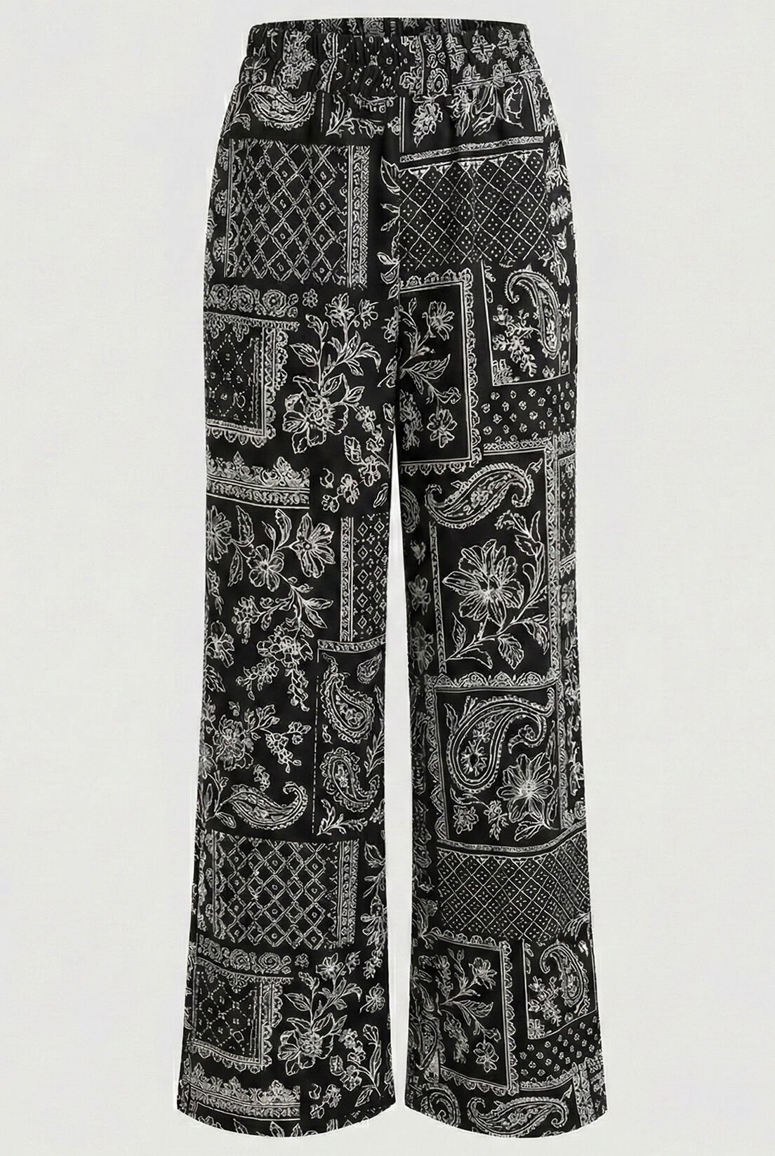 Siyah Saten Etnik Desen Pantolon