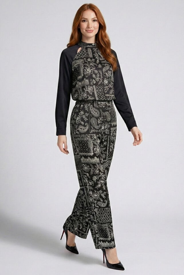Siyah Saten Etnik Desen Pantolon