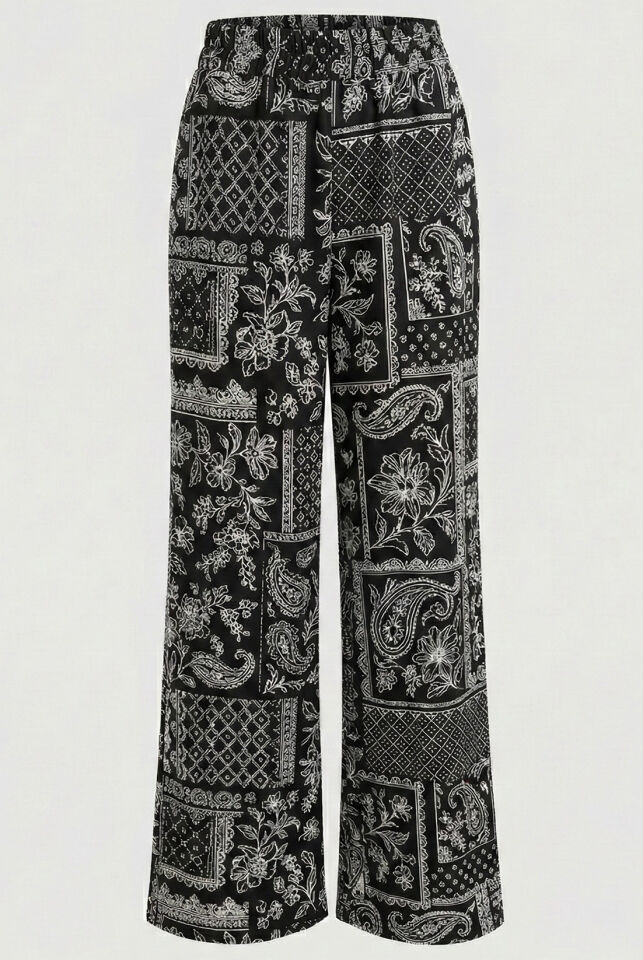 Siyah Saten Etnik Desen Pantolon