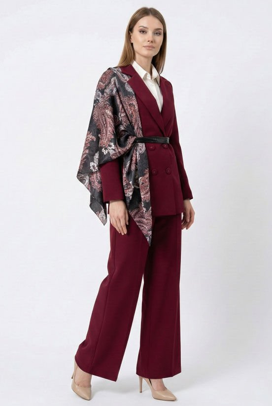 Bordo-Siyah Desen İpek Saten Şal