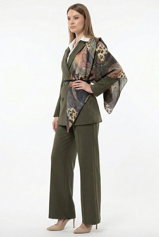 Yeşil-Kahve Leopar Garni Desen İpek Saten Şal