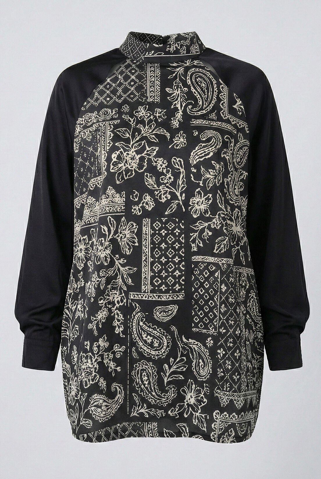 Siyah Saten Etnik Desen Bluz