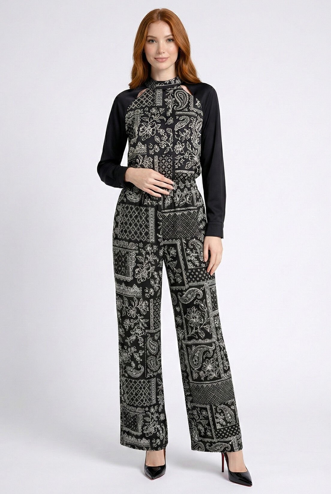 Siyah Saten Etnik Desen Bluz