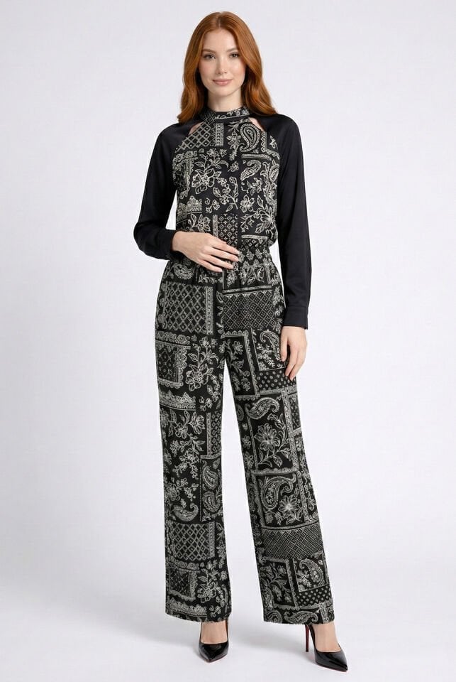 Siyah Saten Etnik Desen Bluz