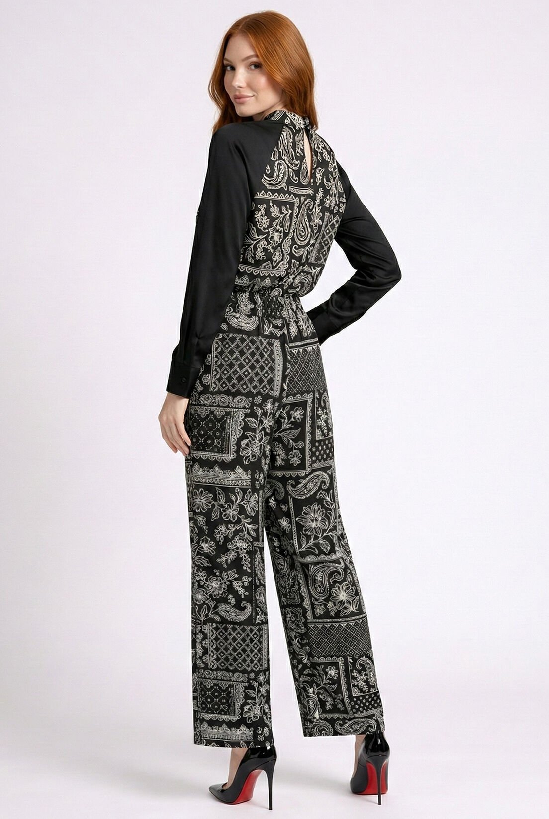 Siyah Saten Etnik Desen Bluz