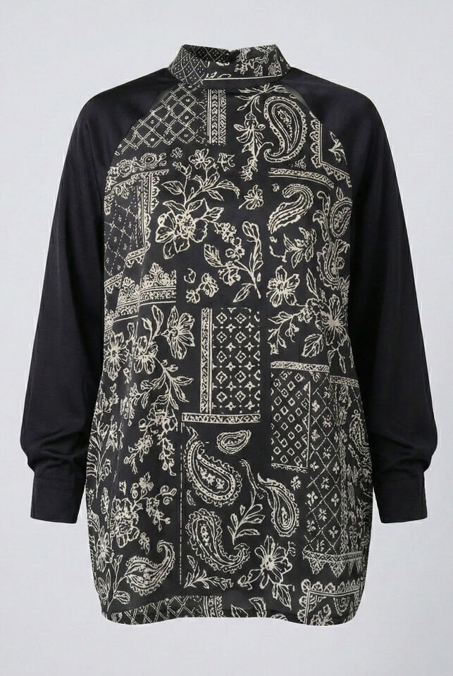 Siyah Saten Etnik Desen Bluz