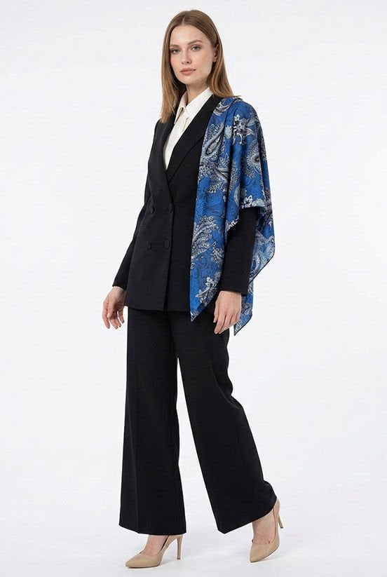 Siyah-Mavi Desen İpek Saten Şal