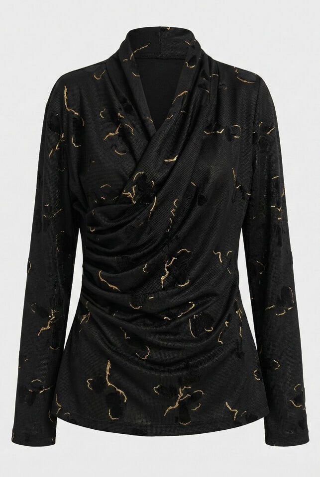 Büyük Desen Gold Varak Petekli Drape Bluz