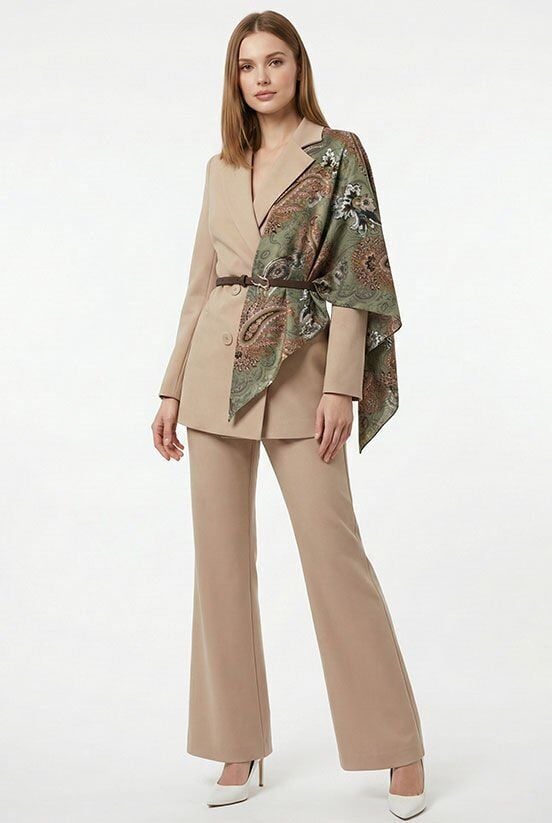 Haki-Kahverengi Desen İpek Saten Şal