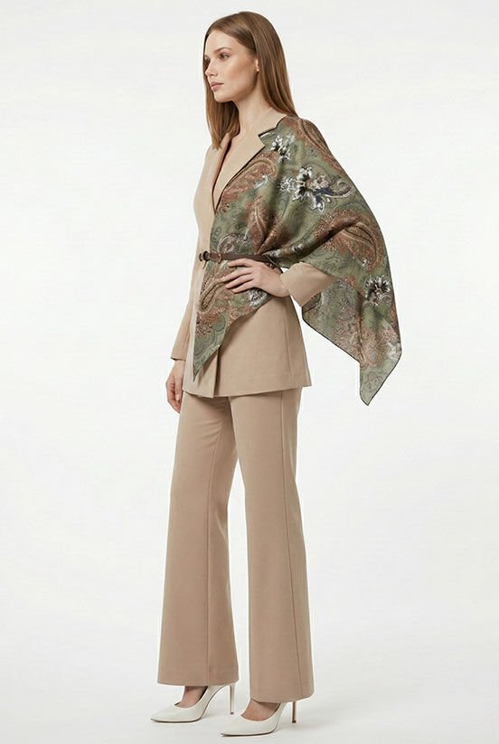 Haki-Kahverengi Desen İpek Saten Şal