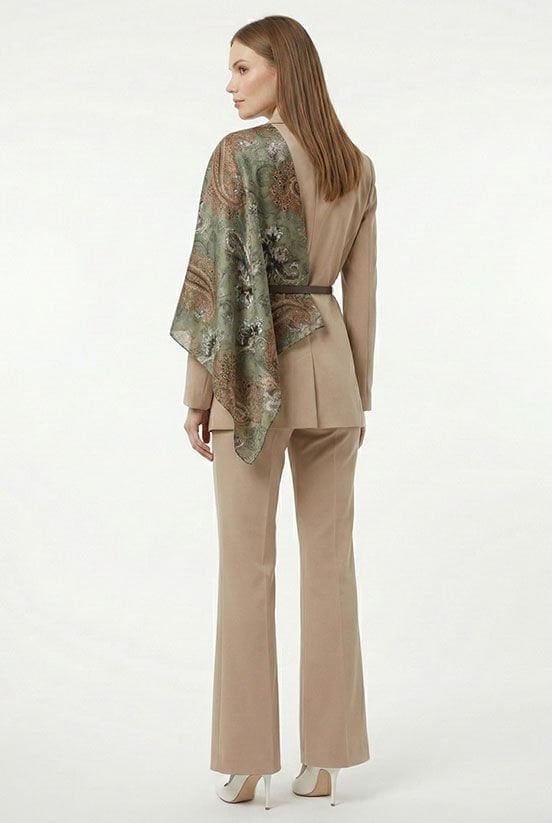 Haki-Kahverengi Desen İpek Saten Şal