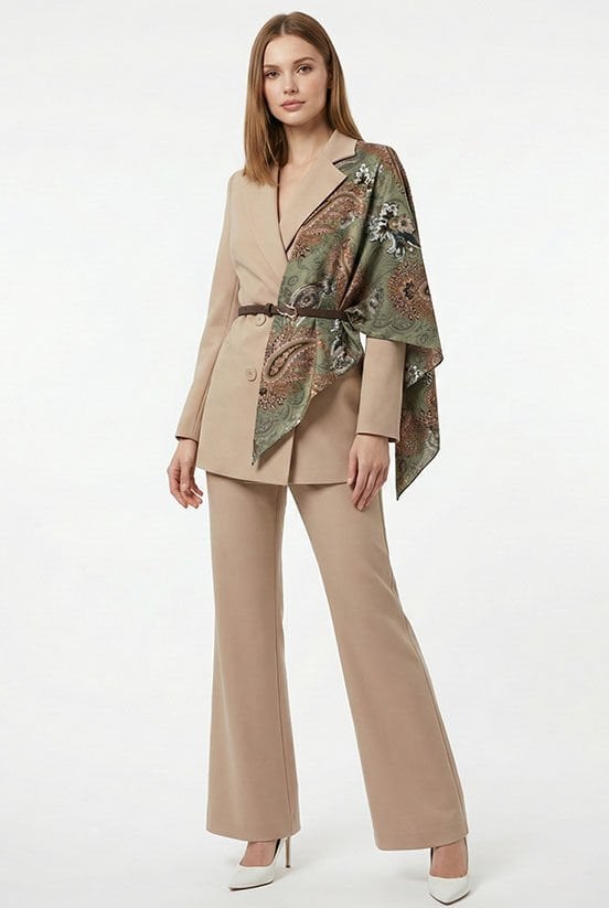 Haki-Kahverengi Desen İpek Saten Şal