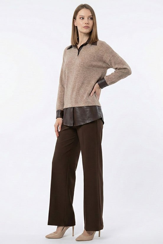 Kahverengi Deri Detay Siyah Örme Bluz