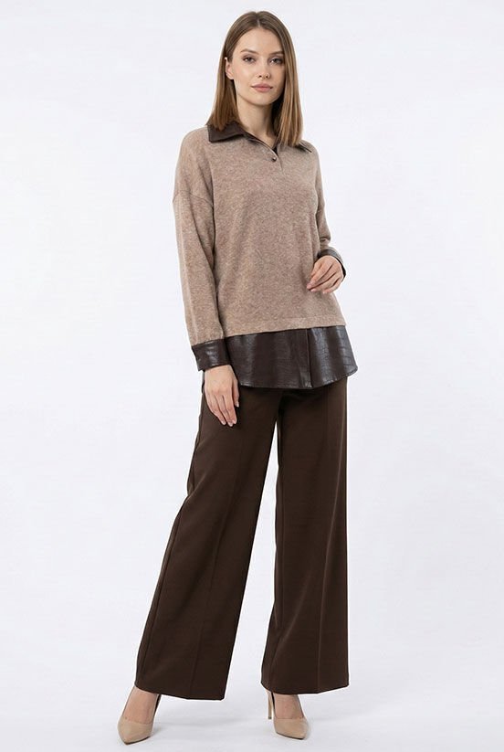 Kahverengi Deri Detay Siyah Örme Bluz