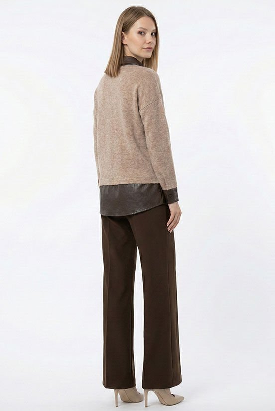 Kahverengi Deri Detay Siyah Örme Bluz