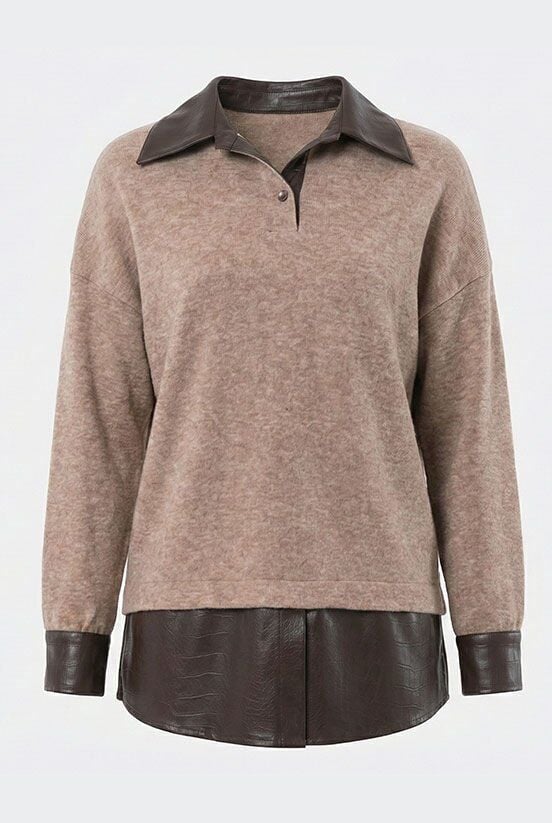 Kahverengi Deri Detay Siyah Örme Bluz