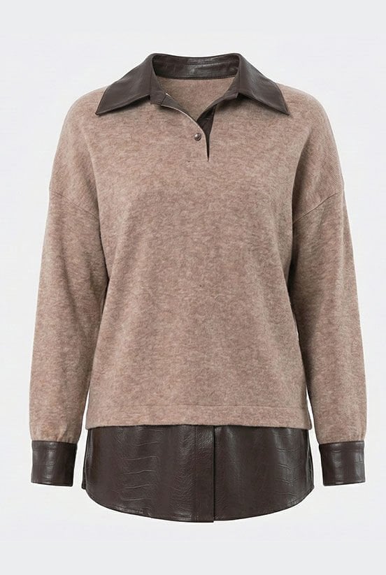 Kahverengi Deri Detay Siyah Örme Bluz