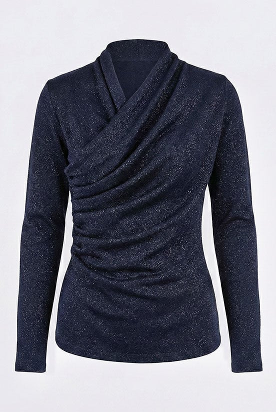 Lacivert Simli  Drape Detaylı Bluz